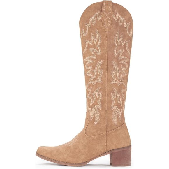 Women Faux Leather Apricot Side Zipper Chunky Heel Knee High Western Boots - Picture 3 of 4